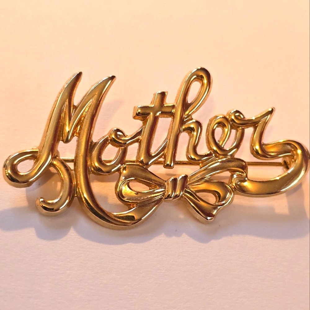 Vintage Mother brooch pin gold tone mom mommy mother's day bow